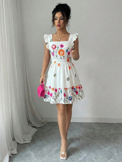 Elenzga Women's White Floral Summer Boho Tea Party Dress,Sleeveless Square Neck Waist Cinched Ruffle Hem Casual Vacation Mini Dress,Suitable For Carnival