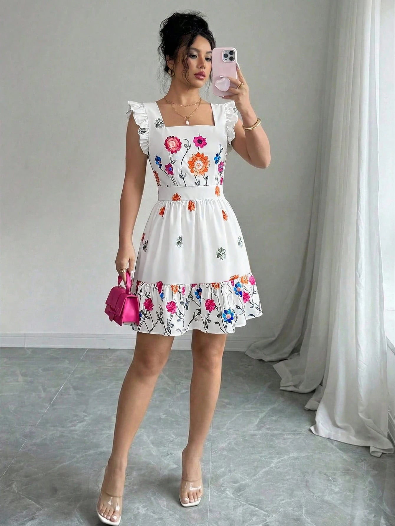 Elenzga Women's White Floral Summer Boho Tea Party Dress,Sleeveless Square Neck Waist Cinched Ruffle Hem Casual Vacation Mini Dress,Suitable For Carnival