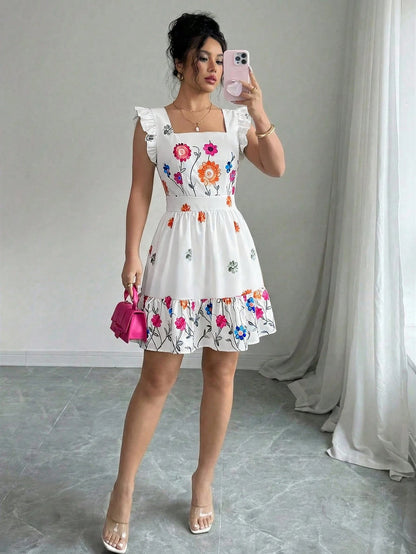Elenzga Women's White Floral Summer Boho Tea Party Dress,Sleeveless Square Neck Waist Cinched Ruffle Hem Casual Vacation Mini Dress,Suitable For Carnival