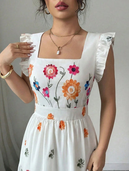 Elenzga Women's White Floral Summer Boho Tea Party Dress,Sleeveless Square Neck Waist Cinched Ruffle Hem Casual Vacation Mini Dress,Suitable For Carnival