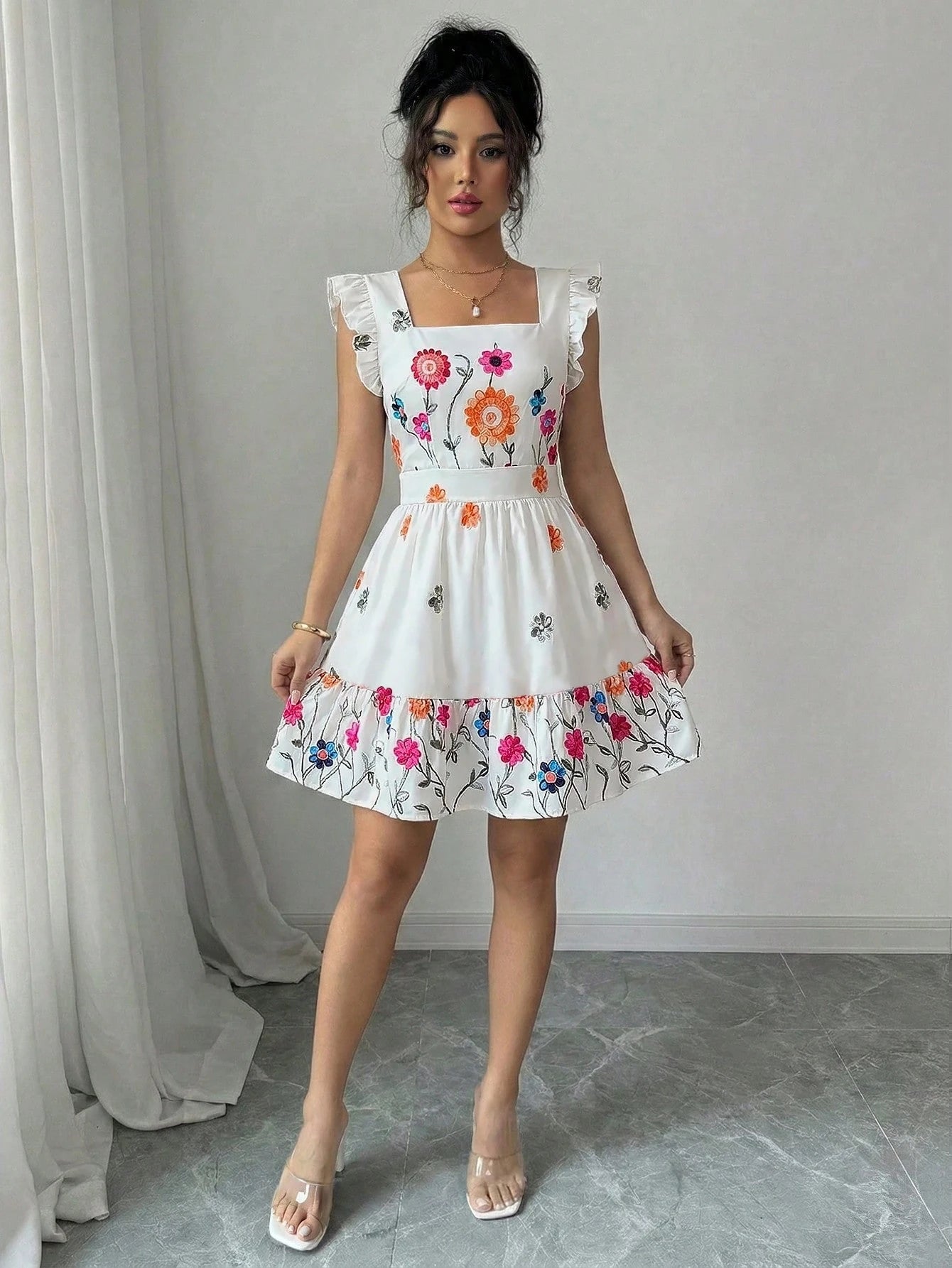 Elenzga Women's White Floral Summer Boho Tea Party Dress,Sleeveless Square Neck Waist Cinched Ruffle Hem Casual Vacation Mini Dress,Suitable For Carnival