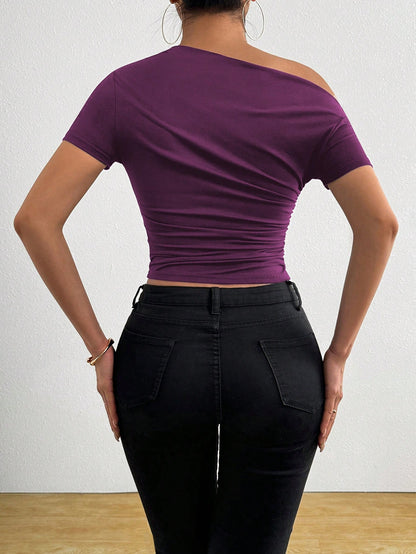 Elenzga Women Solid Color Asymmetrical Neck Short Sleeve Simple & Fashionable Summer T-Shirt