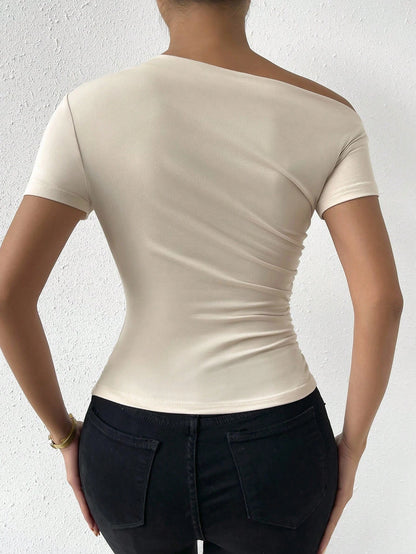 Elenzga Women Solid Color Asymmetrical Neck Short Sleeve Simple & Fashionable Summer T-Shirt