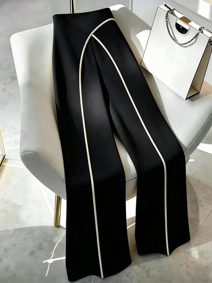 Elenzga Women Summer Classy Elegant Cream Black Overlapping 2 In 1 Pants,Winter Work Office Colorblock Commuter Side Zipper Easy On/Off Casual Versatile Pants