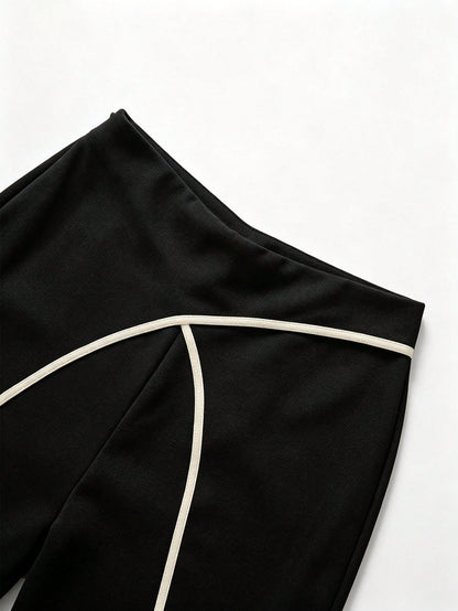 Elenzga Women Summer Classy Elegant Cream Black Overlapping 2 In 1 Pants,Winter Work Office Colorblock Commuter Side Zipper Easy On/Off Casual Versatile Pants
