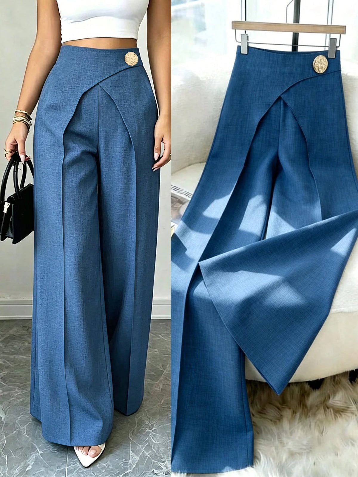 Elenzga Women Summer Classy Elegant Cream Black Overlapping 2 In 1 Pants,Winter Work Office Colorblock Commuter Side Zipper Easy On/Off Casual Versatile Pants