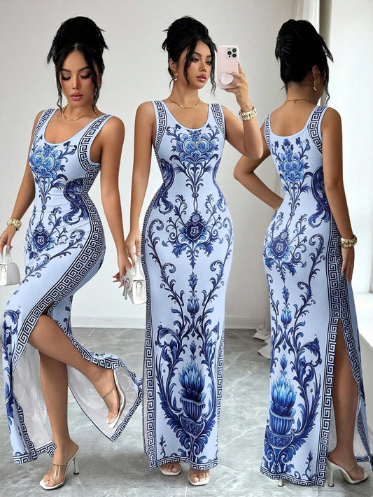 Elenzya Exquisite Printed Chinoiserie Sleeveless Slit Robe,Tight Fit Retro UAE Style Light Blue Summer Tropical Holiday Vacation Holiday Dresses For Women