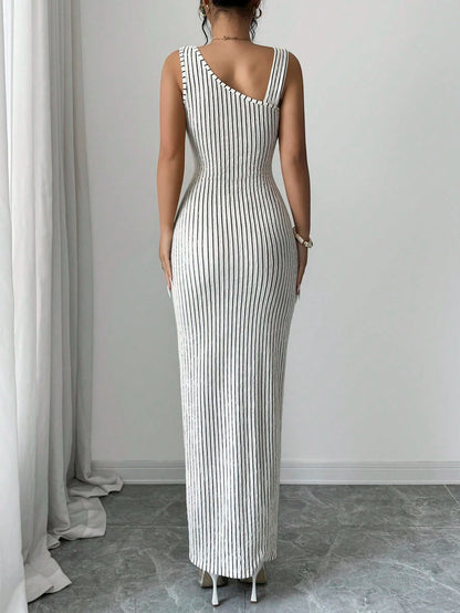 Elenzya Summer Elegant Women's Black And White Checkered Striped Sleeveless Dress,Side Metal Buckle Asymmetric Strap Long Dress For Brunch