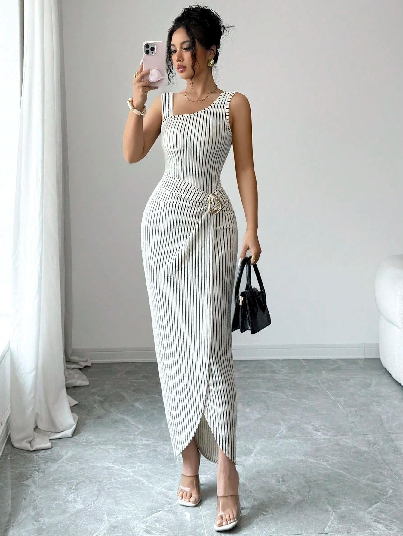Elenzya Summer Elegant Women's Black And White Checkered Striped Sleeveless Dress,Side Metal Buckle Asymmetric Strap Long Dress For Brunch