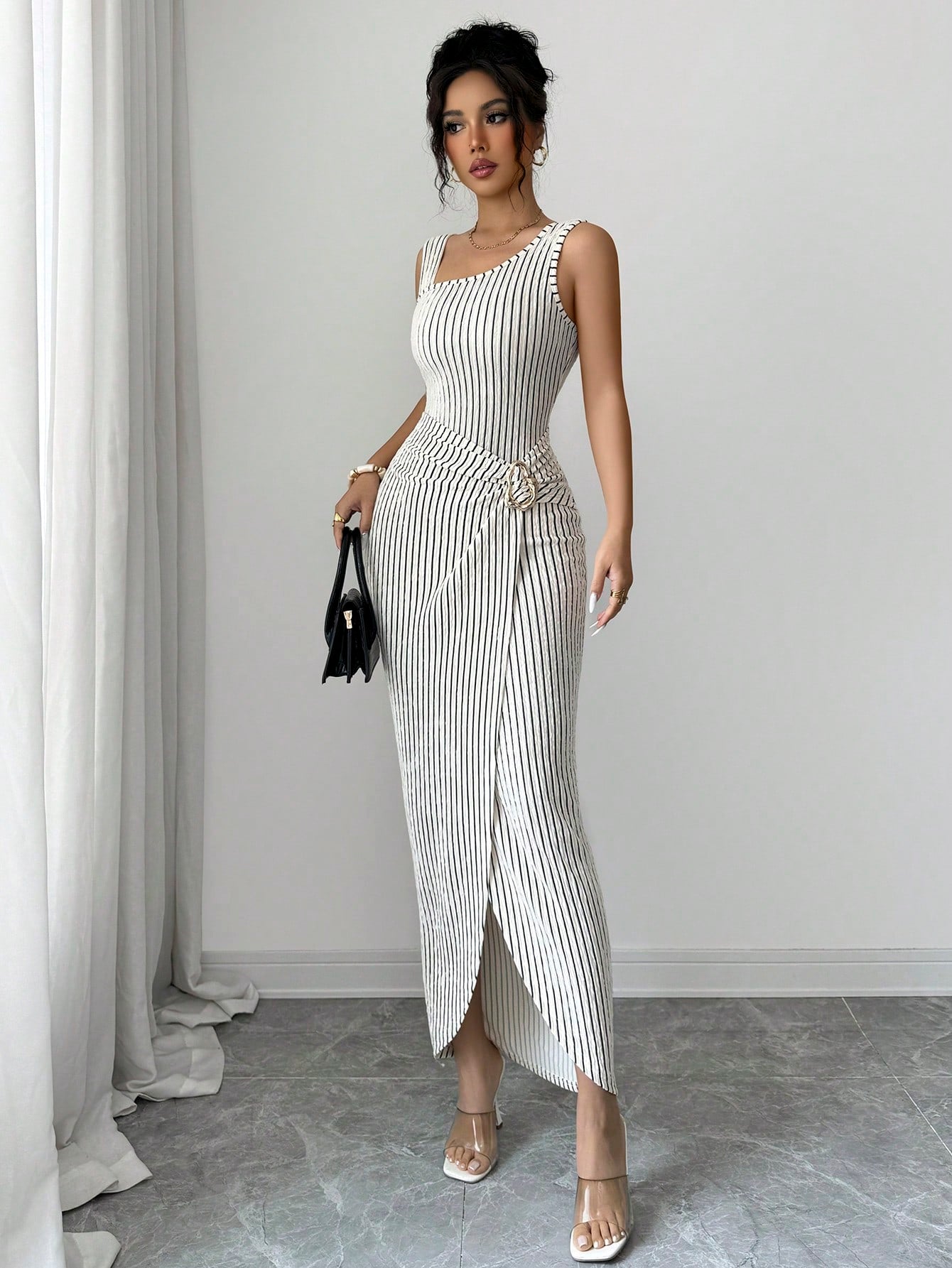 Elenzya Summer Elegant Women's Black And White Checkered Striped Sleeveless Dress,Side Metal Buckle Asymmetric Strap Long Dress For Brunch