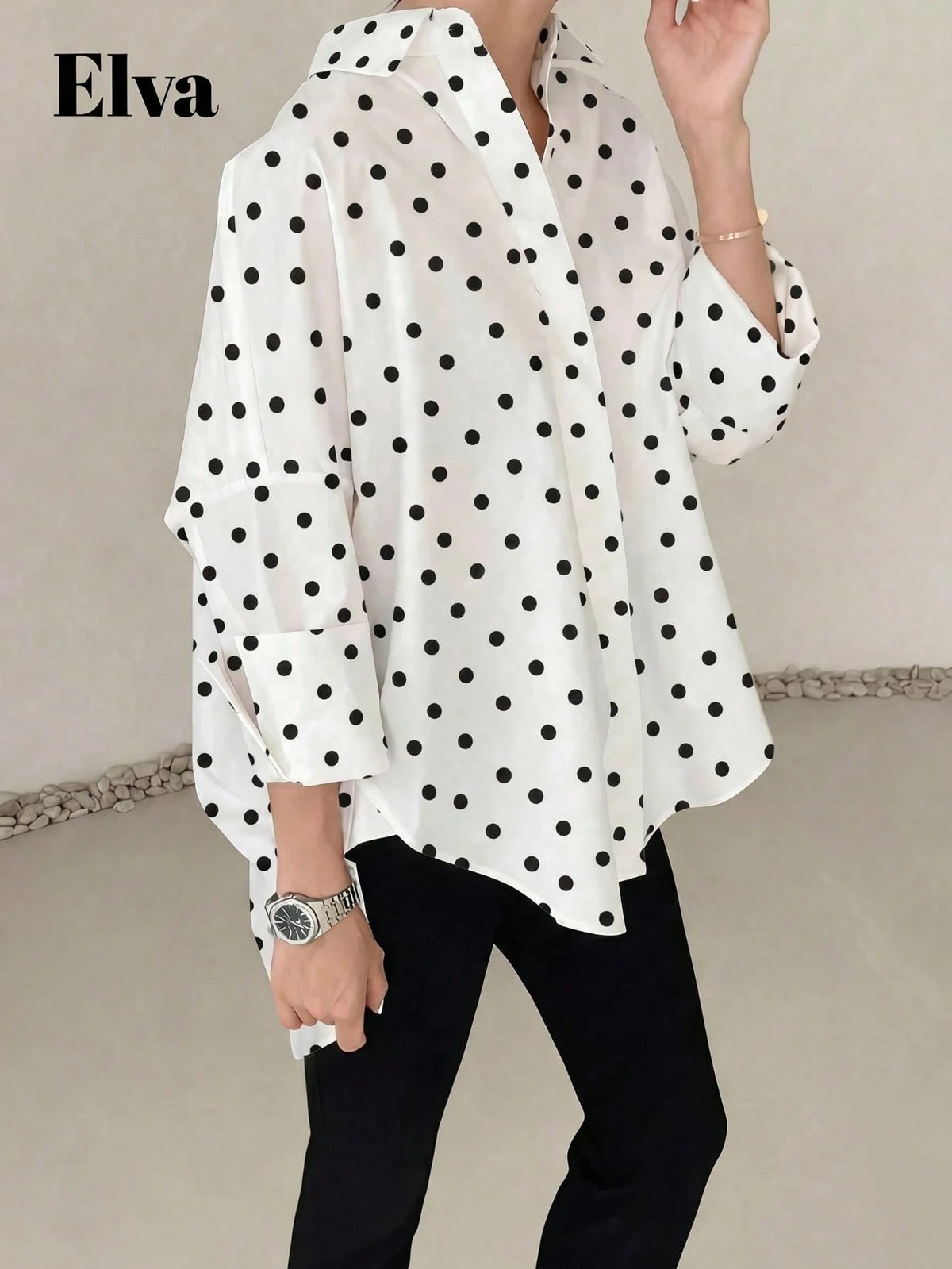 ELVA Women's Spring/Summer White With Black Polka Dot Print Front Short Back Long Hem Collar Long Sleeve Rolled Cuff Loose Hem Blouse Vacation