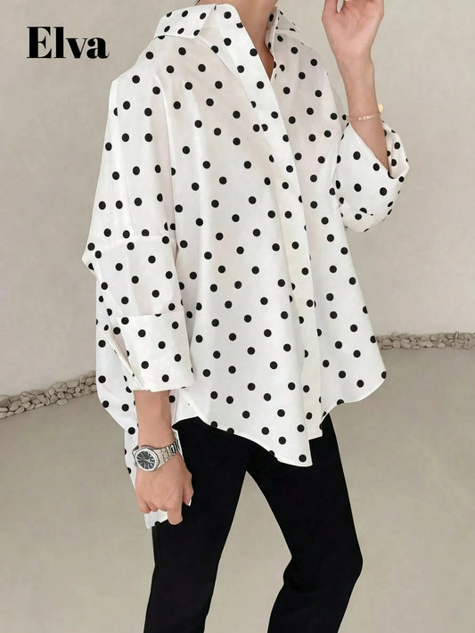 ELVA Women's Spring/Summer White With Black Polka Dot Print Front Short Back Long Hem Collar Long Sleeve Rolled Cuff Loose Hem Blouse Vacation