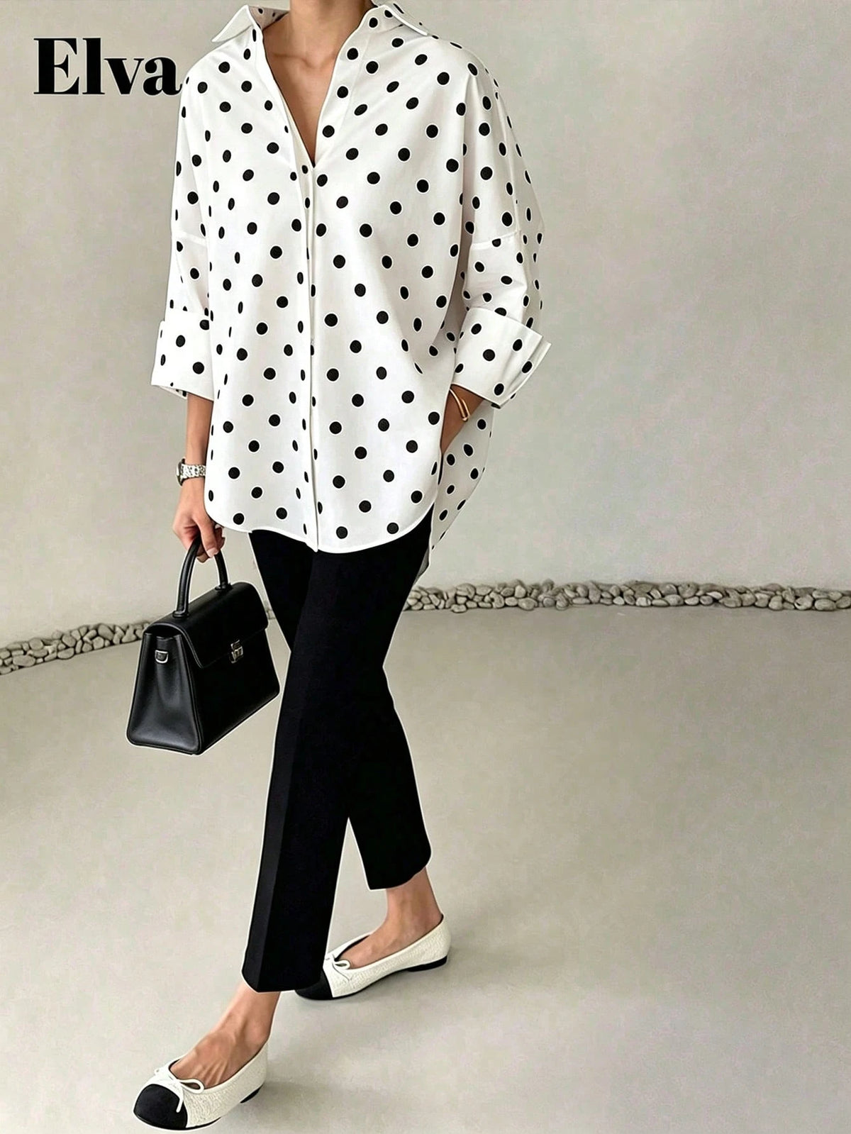 ELVA Women's Spring/Summer White With Black Polka Dot Print Front Short Back Long Hem Collar Long Sleeve Rolled Cuff Loose Hem Blouse Vacation