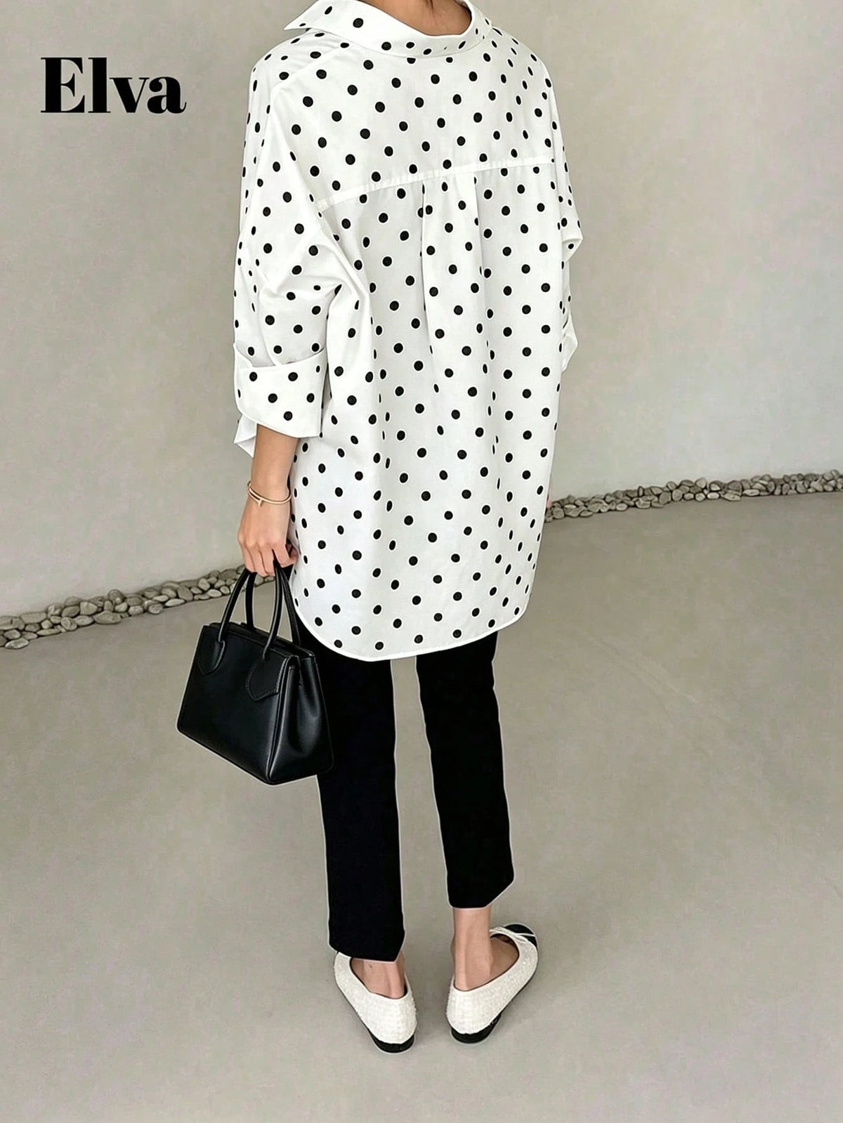 ELVA Women's Spring/Summer White With Black Polka Dot Print Front Short Back Long Hem Collar Long Sleeve Rolled Cuff Loose Hem Blouse Vacation