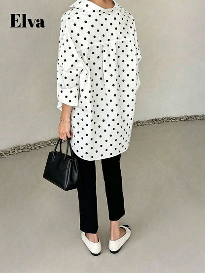 ELVA Women's Spring/Summer White With Black Polka Dot Print Front Short Back Long Hem Collar Long Sleeve Rolled Cuff Loose Hem Blouse Vacation