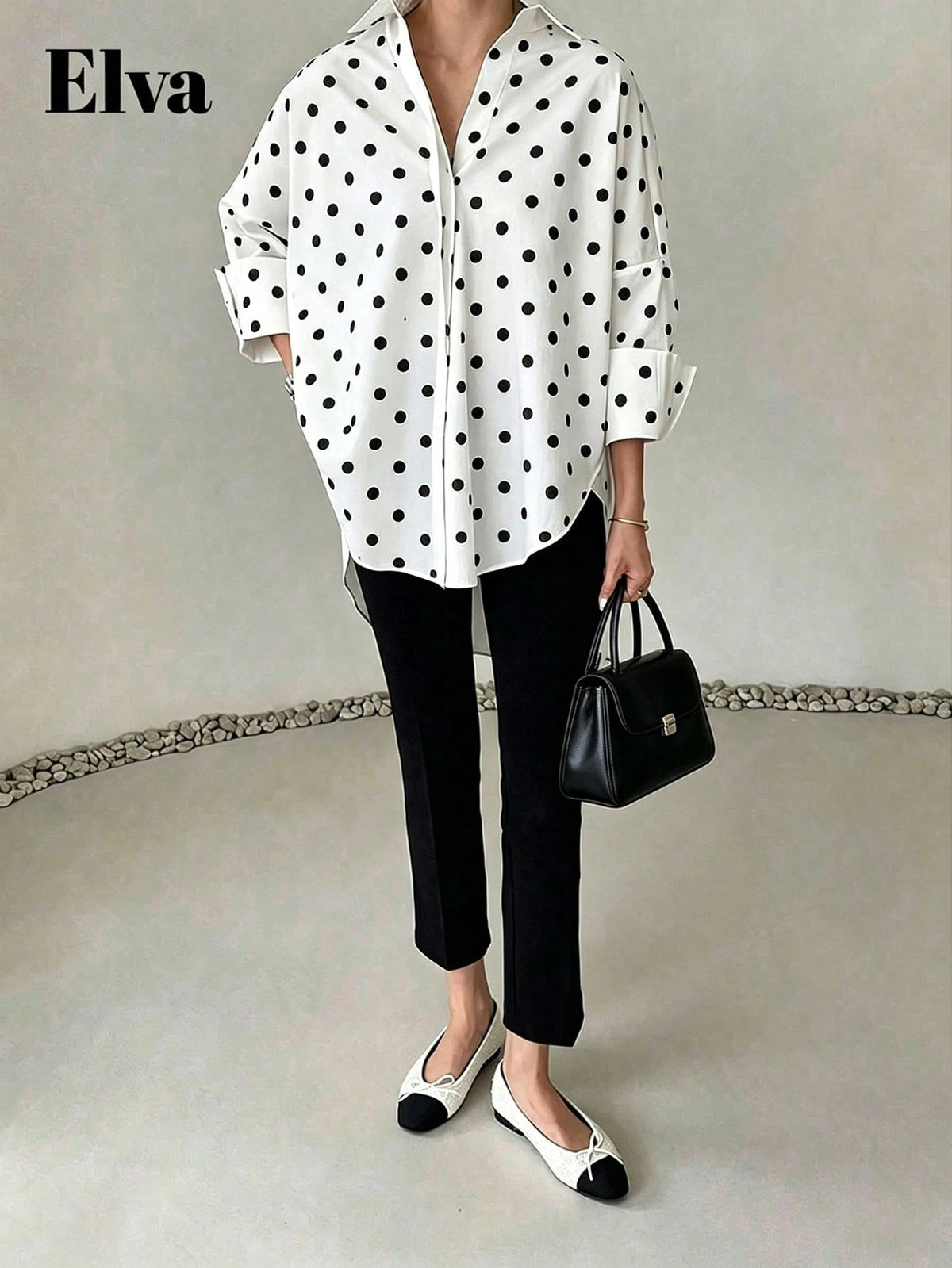 ELVA Women's Spring/Summer White With Black Polka Dot Print Front Short Back Long Hem Collar Long Sleeve Rolled Cuff Loose Hem Blouse Vacation