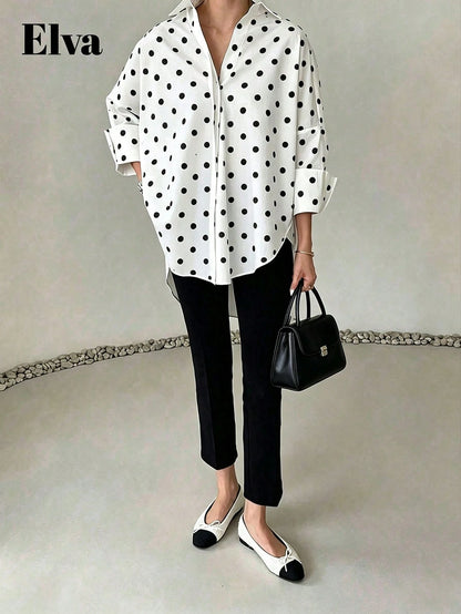 ELVA Women's Spring/Summer White With Black Polka Dot Print Front Short Back Long Hem Collar Long Sleeve Rolled Cuff Loose Hem Blouse Vacation