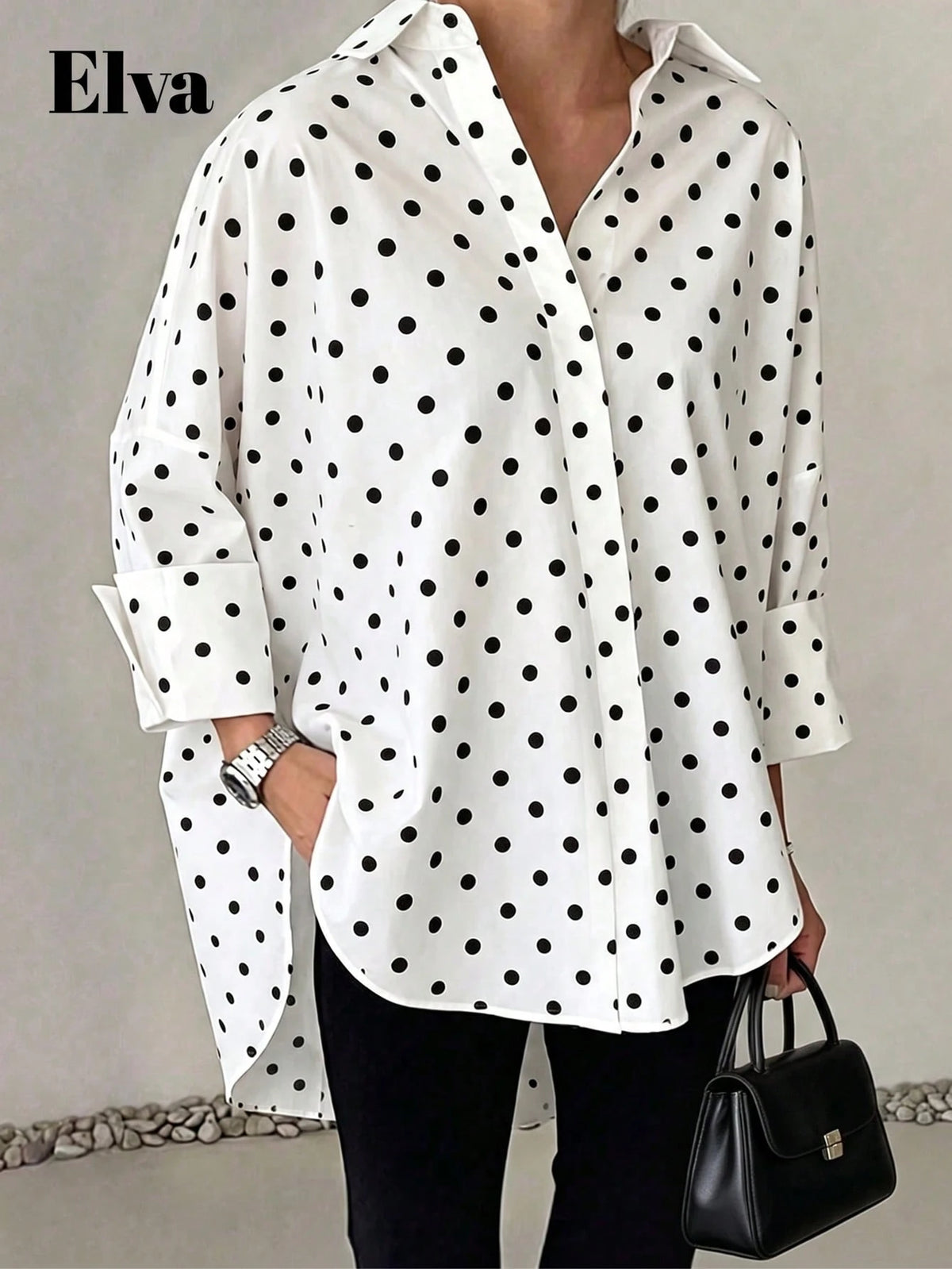 ELVA Women's Spring/Summer White With Black Polka Dot Print Front Short Back Long Hem Collar Long Sleeve Rolled Cuff Loose Hem Blouse Vacation