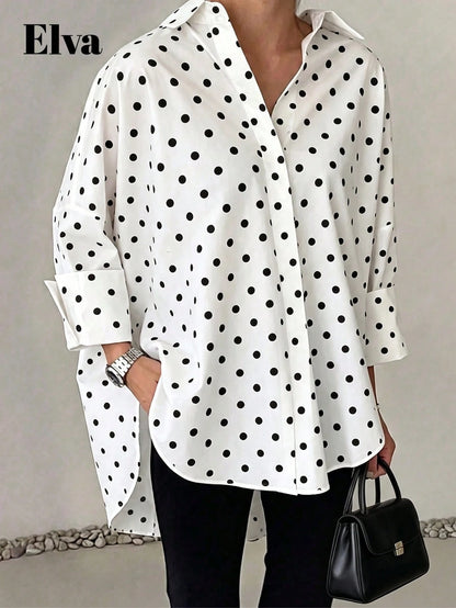 ELVA Women's Spring/Summer White With Black Polka Dot Print Front Short Back Long Hem Collar Long Sleeve Rolled Cuff Loose Hem Blouse Vacation