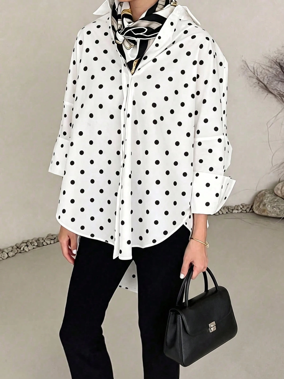 ELVA Women's Spring/Summer White With Black Polka Dot Print Front Short Back Long Hem Collar Long Sleeve Rolled Cuff Loose Hem Blouse Vacation