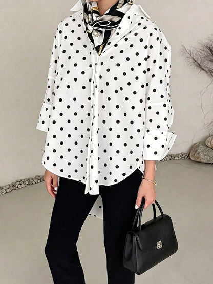 ELVA Women's Spring/Summer White With Black Polka Dot Print Front Short Back Long Hem Collar Long Sleeve Rolled Cuff Loose Hem Blouse Vacation