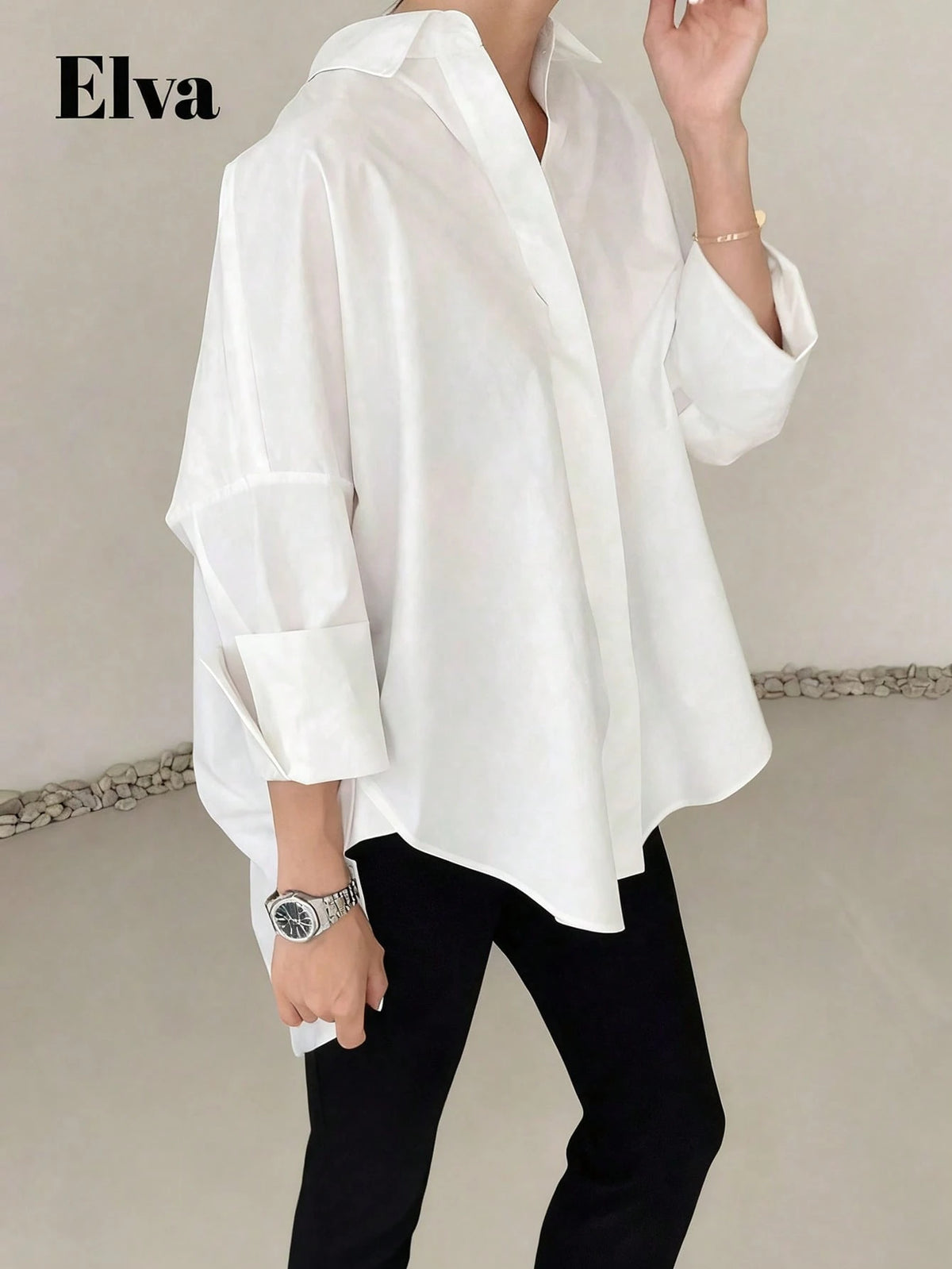 ELVA Women's Spring/Summer White With Black Polka Dot Print Front Short Back Long Hem Collar Long Sleeve Rolled Cuff Loose Hem Blouse Vacation