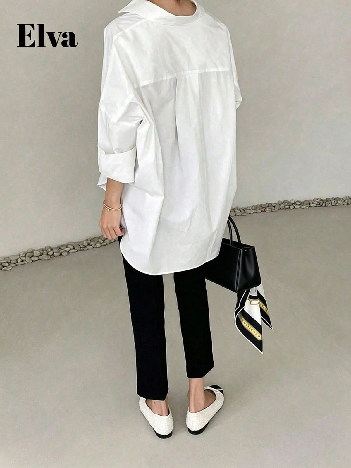 ELVA Women's Spring/Summer White With Black Polka Dot Print Front Short Back Long Hem Collar Long Sleeve Rolled Cuff Loose Hem Blouse Vacation