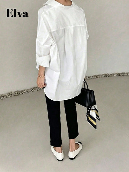 ELVA Women's Spring/Summer White With Black Polka Dot Print Front Short Back Long Hem Collar Long Sleeve Rolled Cuff Loose Hem Blouse Vacation