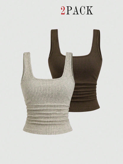 EMERY ROSE 2pcs Plus Size Women Casual Scoop Neck Knit Tank Top Set