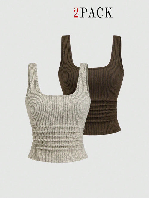 EMERY ROSE 2pcs Plus Size Women Casual Scoop Neck Knit Tank Top Set
