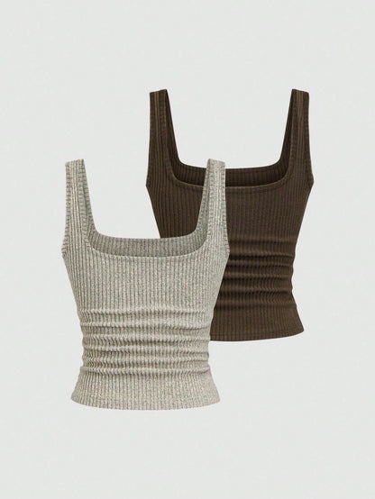 EMERY ROSE 2pcs Plus Size Women Casual Scoop Neck Knit Tank Top Set