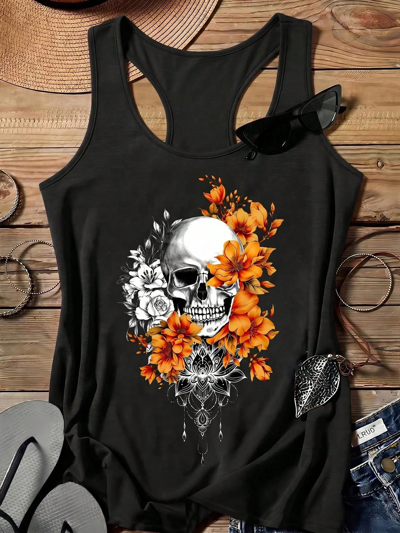 EMERY ROSE Casual Floral & Skull Pattern Fitted Round Neck Crisscross Back Tank Top, Women Plus Size For Summer Back To School,Flower/Vacation/Spring