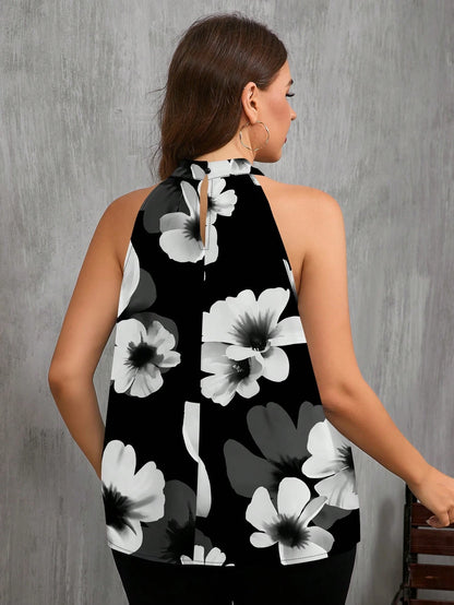 EMERY ROSE Casual Minimalist Floral Print Sleeveless Shirt, Suitable For Summer, Plus Size