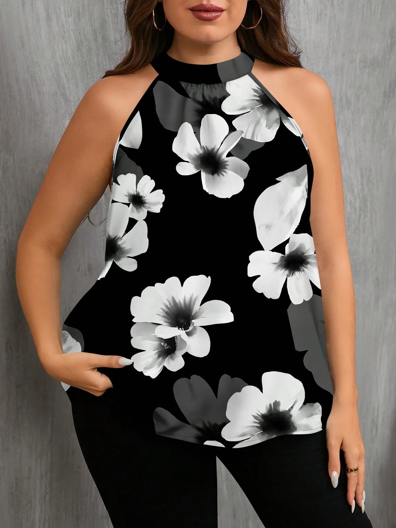 EMERY ROSE Casual Minimalist Floral Print Sleeveless Shirt, Suitable For Summer, Plus Size