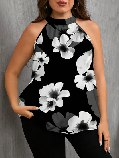 EMERY ROSE Casual Minimalist Floral Print Sleeveless Shirt, Suitable For Summer, Plus Size