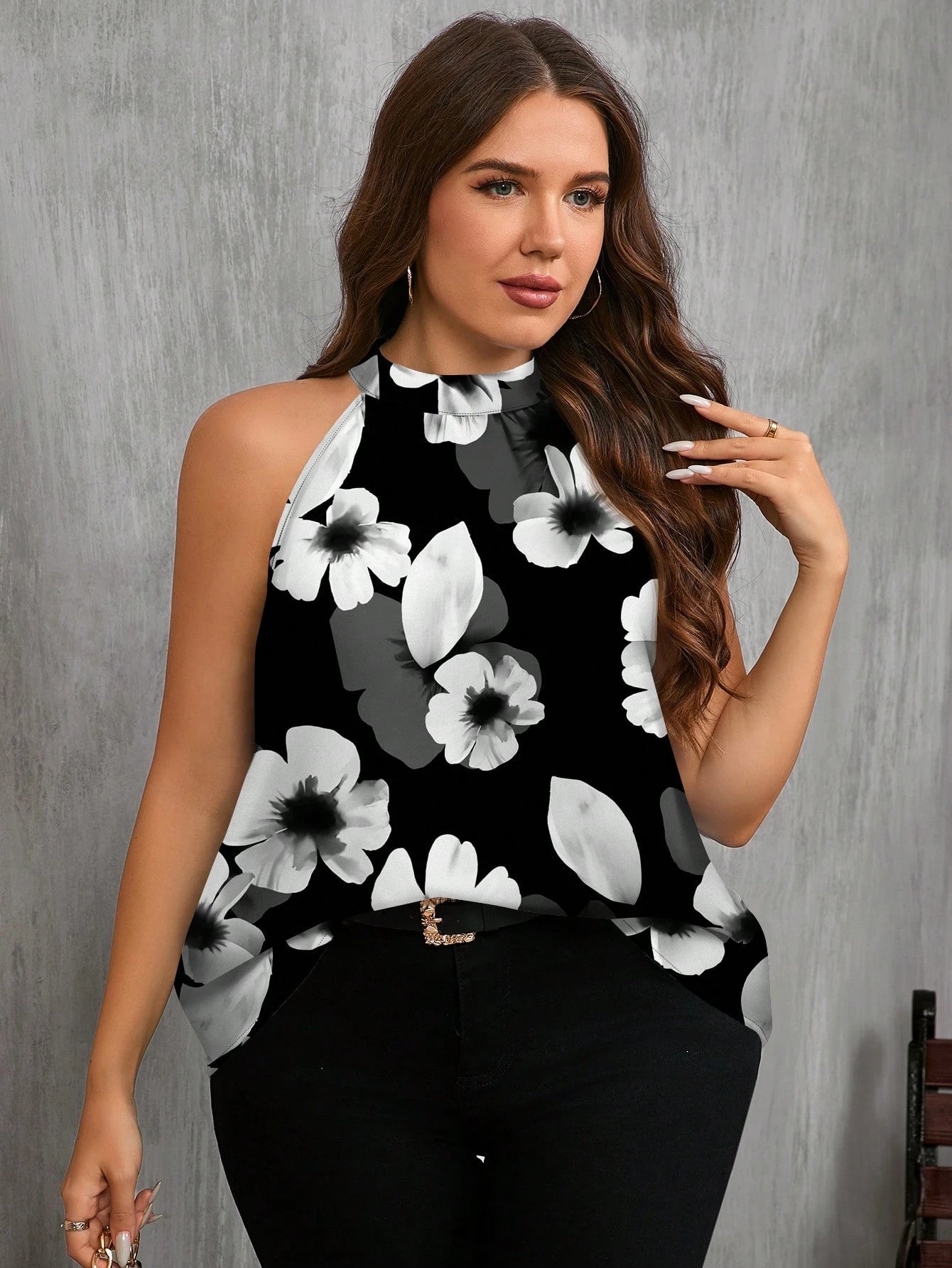 EMERY ROSE Casual Minimalist Floral Print Sleeveless Shirt, Suitable For Summer, Plus Size