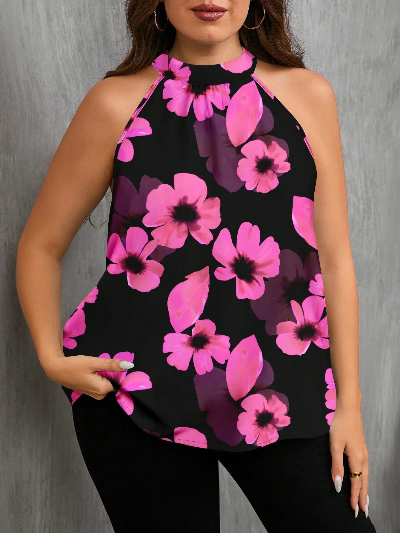 EMERY ROSE Casual Minimalist Floral Print Sleeveless Shirt, Suitable For Summer, Plus Size