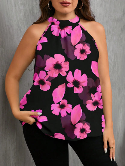 EMERY ROSE Casual Minimalist Floral Print Sleeveless Shirt, Suitable For Summer, Plus Size