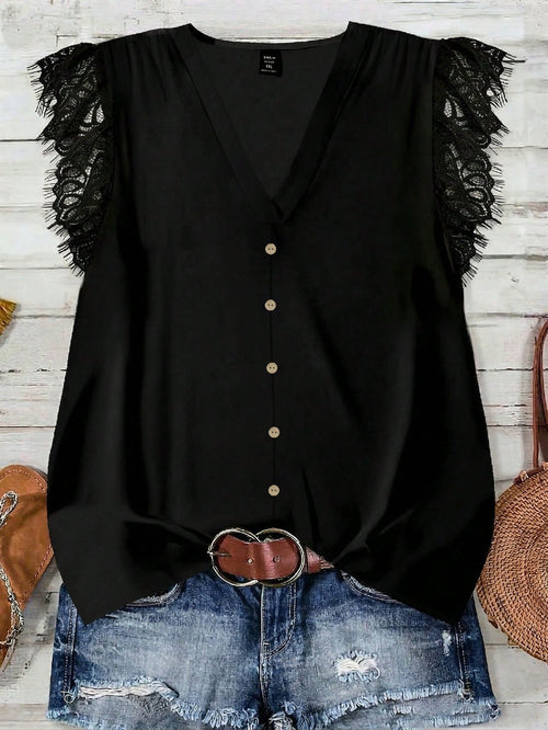 EMERY ROSE Casual Minimalist Romantic Lace Trim Plus Size Women V-Neck Ruffle Hem Short Sleeve Black Blouse, Suitable For Summer, Vacation