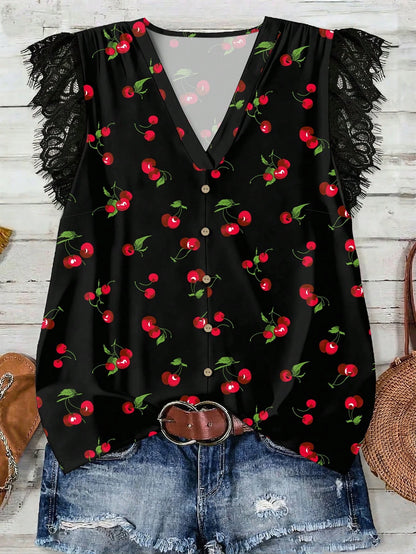 EMERY ROSE Casual Minimalist Romantic Lace Trim Plus Size Women V-Neck Ruffle Hem Short Sleeve Black Blouse, Suitable For Summer, Vacation