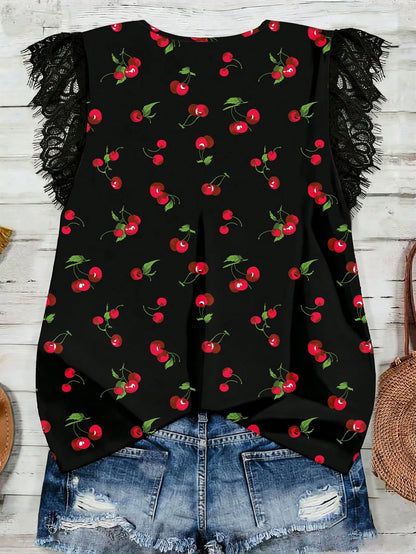EMERY ROSE Casual Minimalist Romantic Lace Trim Plus Size Women V-Neck Ruffle Hem Short Sleeve Black Blouse, Suitable For Summer, Vacation