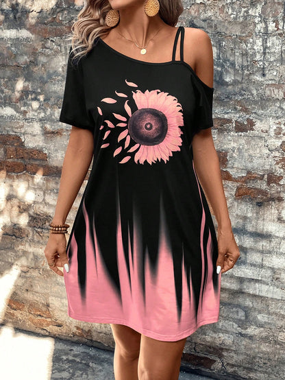 EMERY ROSE Chrysanthemum Gradient One-Shoulder Black Dress For Women,Summer Dresses For Women
