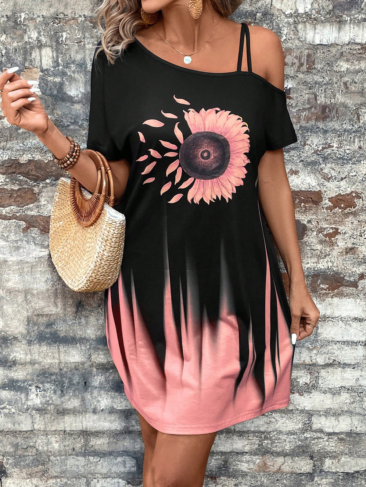 EMERY ROSE Chrysanthemum Gradient One-Shoulder Black Dress For Women,Summer Dresses For Women