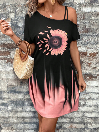 EMERY ROSE Chrysanthemum Gradient One-Shoulder Black Dress For Women,Summer Dresses For Women