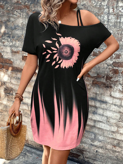 EMERY ROSE Chrysanthemum Gradient One-Shoulder Black Dress For Women,Summer Dresses For Women