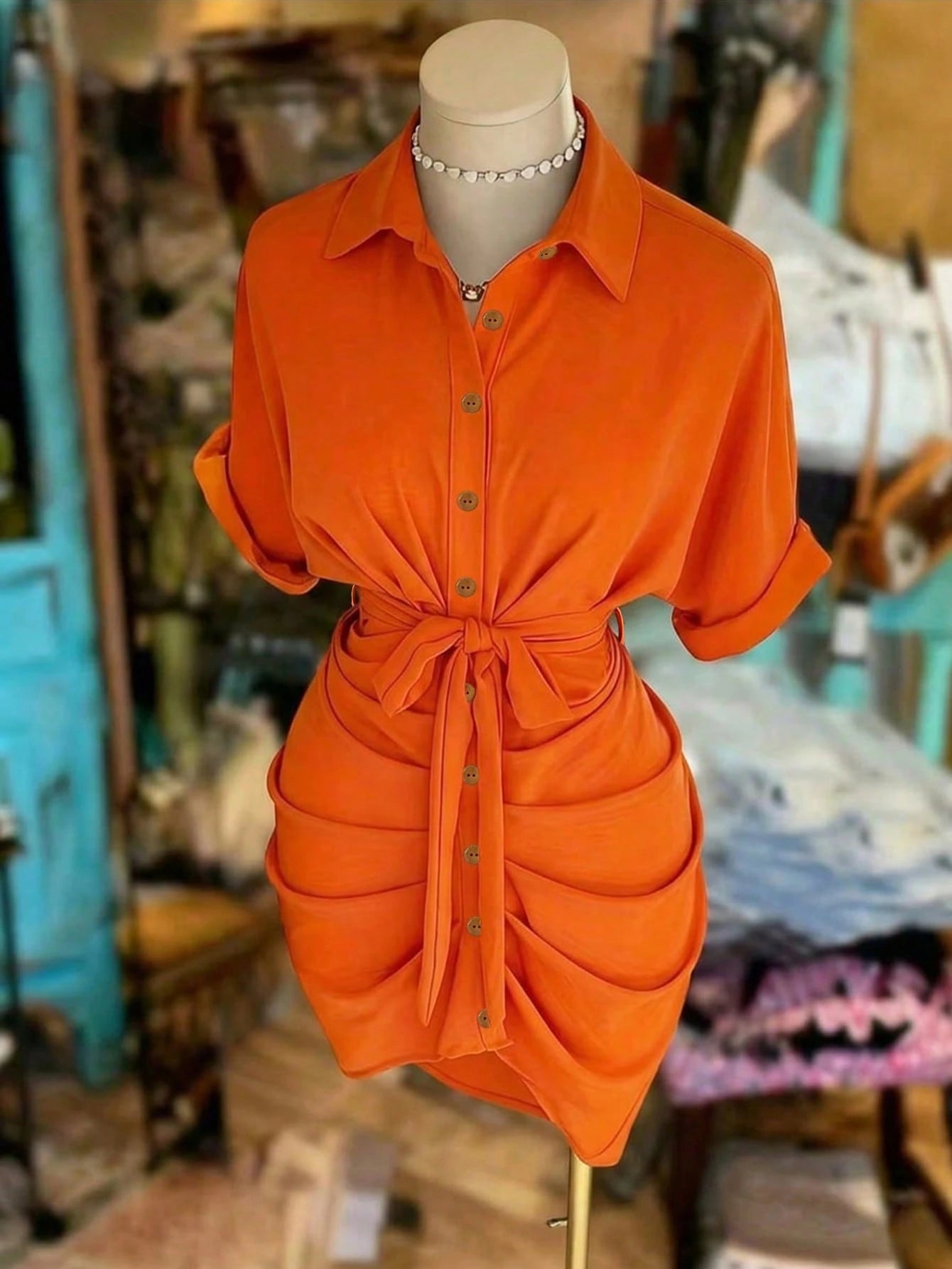 EMERY ROSE Collared Single-Breasted Tie-Waist Short Sleeve Shirt Dress
