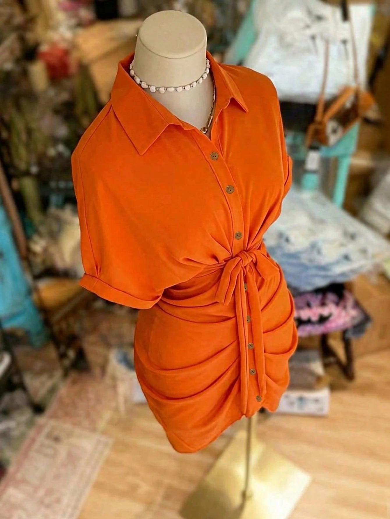 EMERY ROSE Collared Single-Breasted Tie-Waist Short Sleeve Shirt Dress