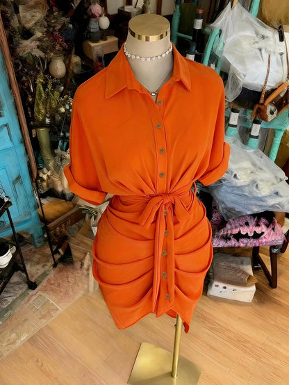EMERY ROSE Collared Single-Breasted Tie-Waist Short Sleeve Shirt Dress