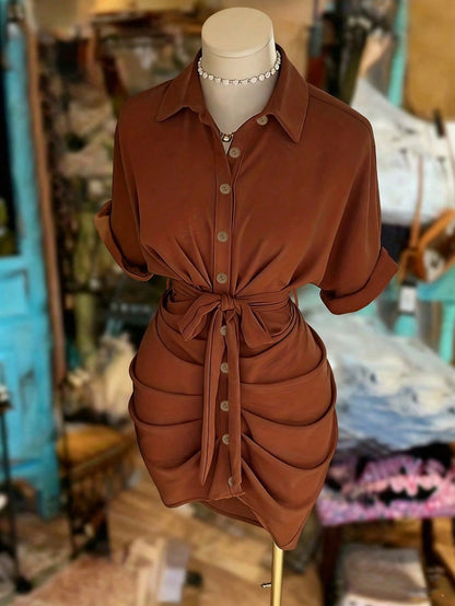 EMERY ROSE Collared Single-Breasted Tie-Waist Short Sleeve Shirt Dress