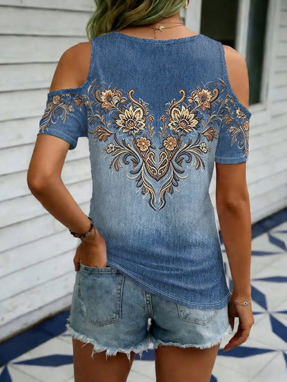 EMERY ROSE Floral Print Casual V-Neck Off-Shoulder Short Sleeve T-Shirt